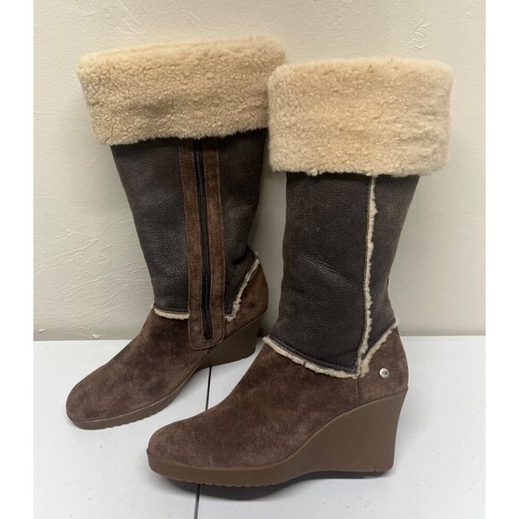 Ugg Womens 9 Tall Boots Wedge Brown Leather Shearling Fold Over 5451 Sandra - Picture 1 of 15